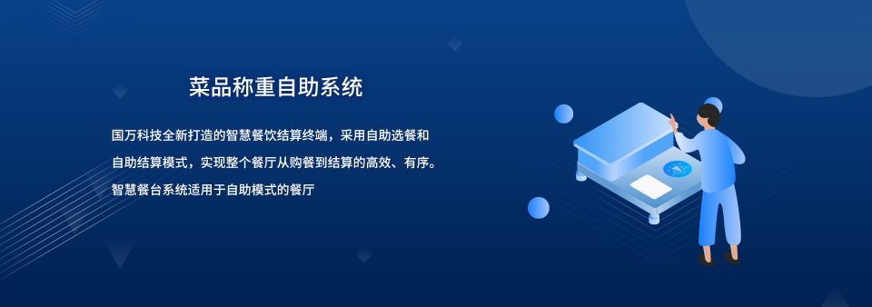 國(guó)萬(wàn)智慧食堂自助餐智能菜品稱(chēng)重系統(tǒng)來(lái)襲啦，就餐人員關(guān)注公眾號(hào)后進(jìn)行自助充值，取餐盤(pán)進(jìn)行信息綁定；取餐時(shí)自行夾菜，菜品稱(chēng)重機(jī)無(wú)感自動(dòng)稱(chēng)重，系統(tǒng)自動(dòng)結(jié)算。